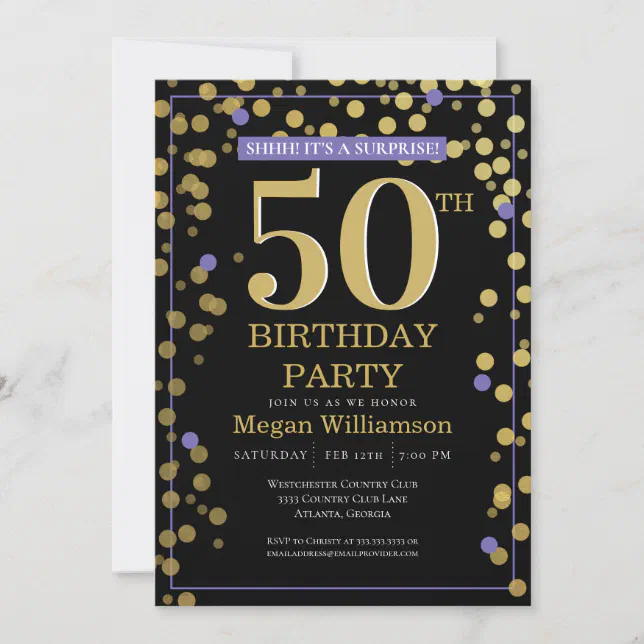 Gold Black Purple Surprise 50th Birthday Invitation | Zazzle