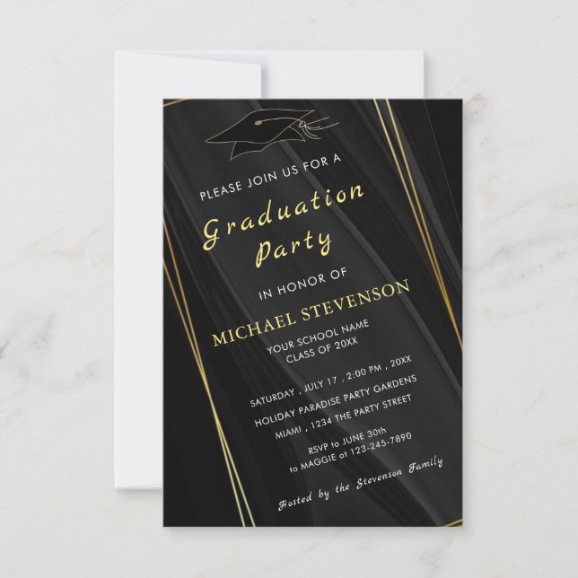 Gold Black QR Code Graduation Invitation Example (Front)
