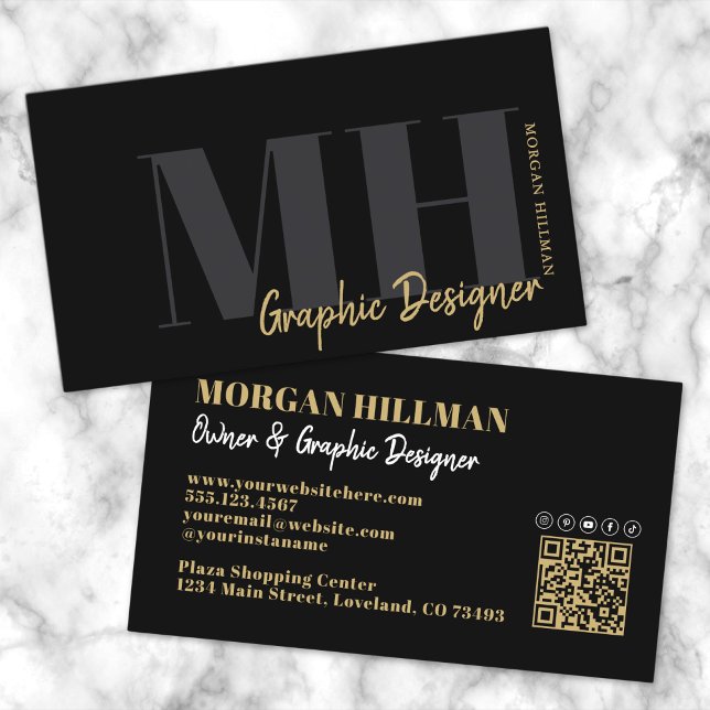 Gold Black QR Code Trendy Monogram Business Card (Gold Black QR Code Trendy Monogram Business Card)