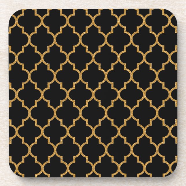 Gold Black Quatrefoil Pattern Drink Coaster (Front)