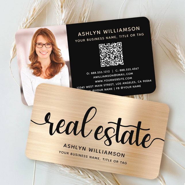 Gold Black Real Estate Agent Photo QR Code Broker Business Card (Creator Uploaded)
