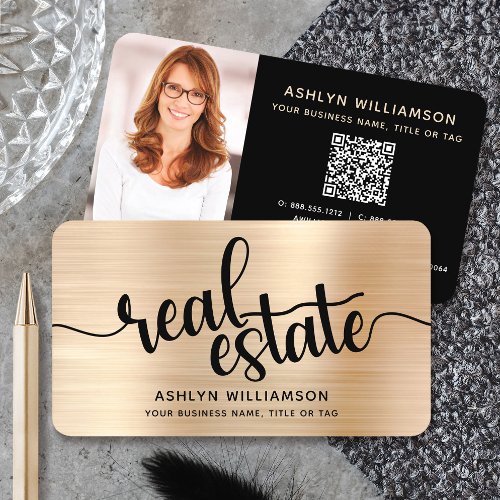 Gold Black Real Estate Agent QR Code Photo Broker Business Card