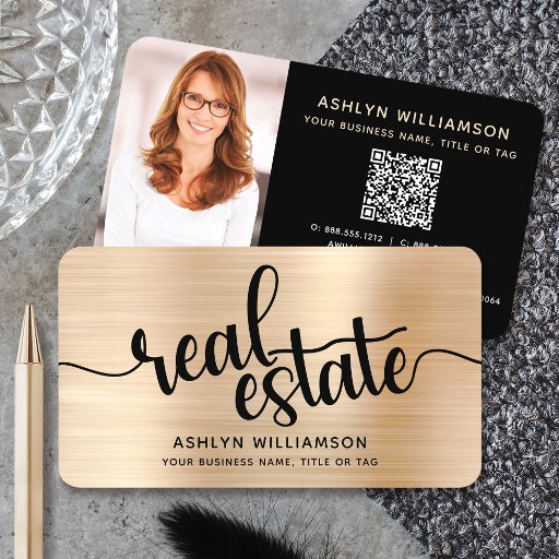 Customizable Gold Black Real Estate Agent QR Code Photo Broker Business Card