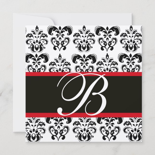 GOLD & BLACK  RED  DAMASK MONOGRAM , white Invitation (Front)