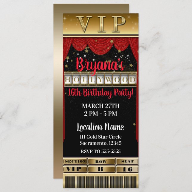 Gold Black Red HOLLYWOOD Birthday Party VIP Ticket Invitation (Front/Back)