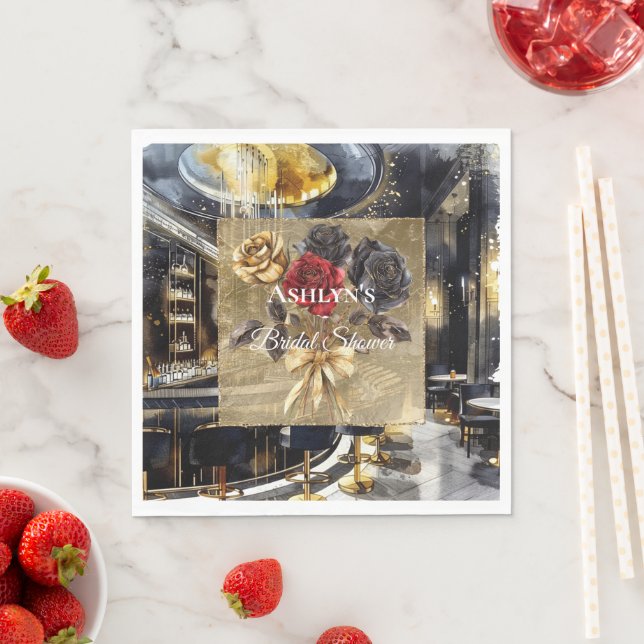 Gold Black Red Night Club Floral Bridal Shower  Napkins (Insitu)