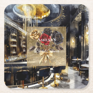 Gold Black Red Night Club Floral Bridal Shower Square Paper Coaster