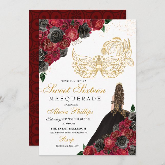 Gold Black Red Roses Masquerade Sweet 16 Invitation (Front/Back)
