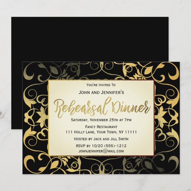 Gold Black Rehearsal Dinner Invitation (Front/Back)