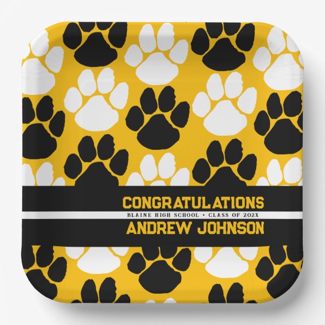 Gold & Black Repeating Pawprint Personalized Paper Plates (Front)