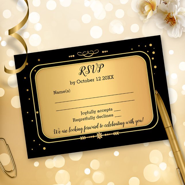 Gold Black Retro Chic Confetti RSVP Card (Elegant gold and black retro chic RSVP card with festive confetti sparkles.)