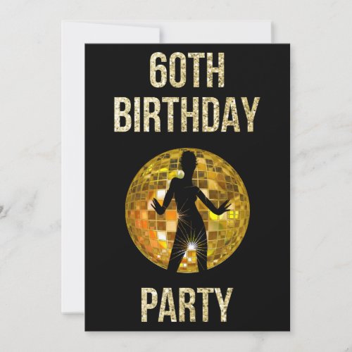 Gold  Black Retro Disco Glitter Ball 60th Party Invitation