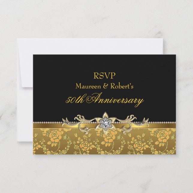 Gold & Black Rose 50th Anniversary RSVP Card (Front)