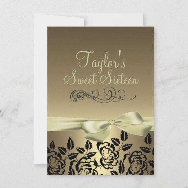 Gold/Black Rose & Bow Image Birthday Invitation (Front)