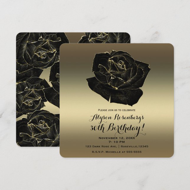 Gold & Black Rose Elegant Classy Birthday Party Invitation (Front/Back)