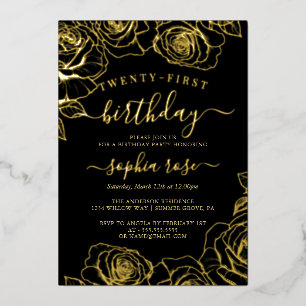Gold Black Rose Foil 21st Birthday  Invitation