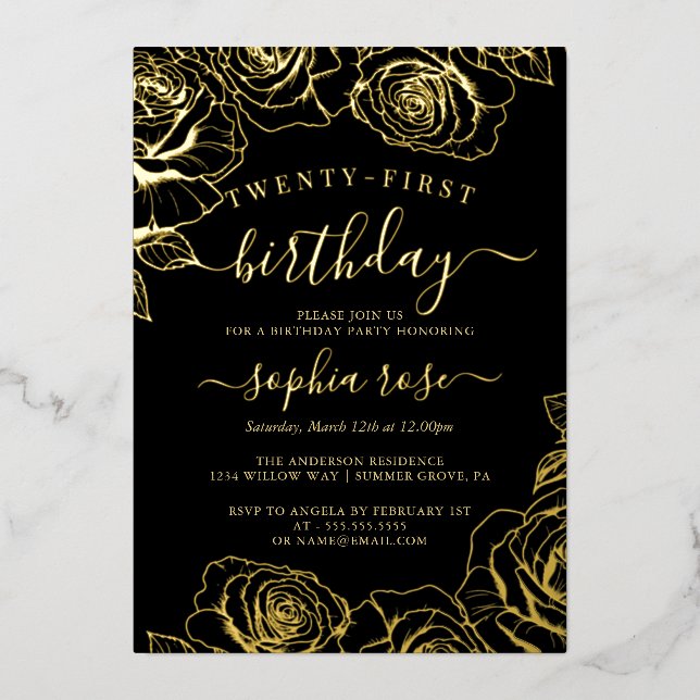 Gold Black Rose Foil 21st Birthday  Invitation (Front)
