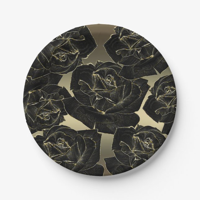 Gold & Black Rose Glam Elegant Classy Chic Party Paper Plates (Front)