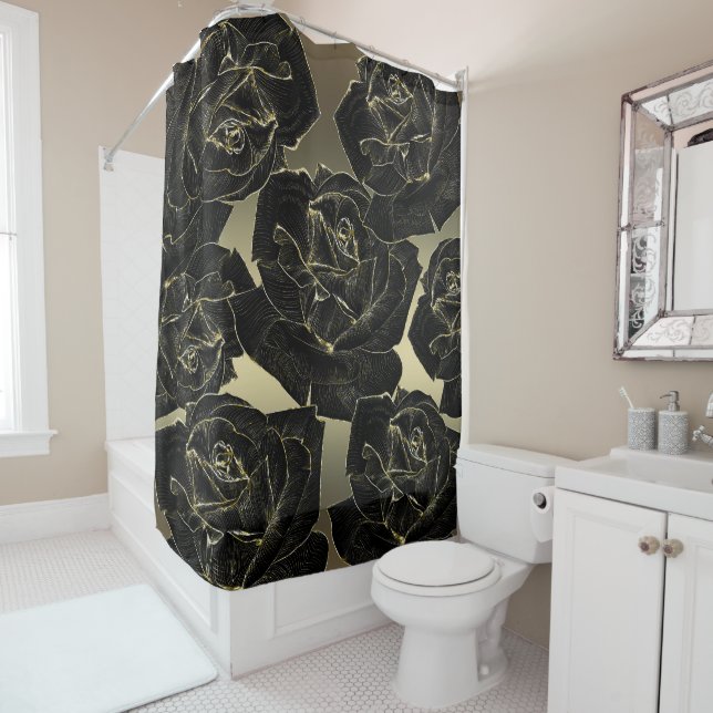 Gold & Black Rose Glam Elegant Classy Chic Shower Curtain (In Situ)