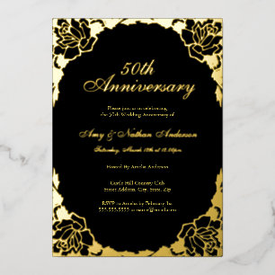 Gold Black Rose Leaf 50th Wedding Anniversary  Foil Invitation