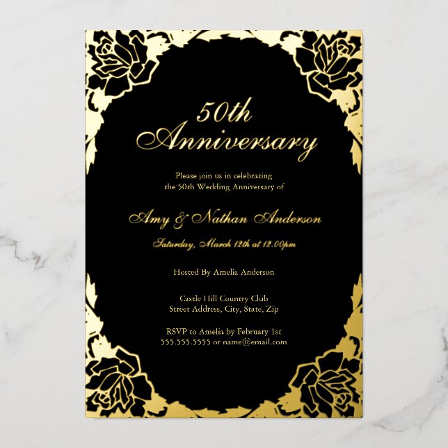 Gold Black Rose Leaf 50th Wedding Anniversary  Foil Invitation (Front)