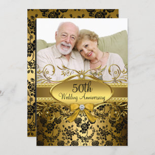 Gold Black Rose Photo 50th Anniversary Invite