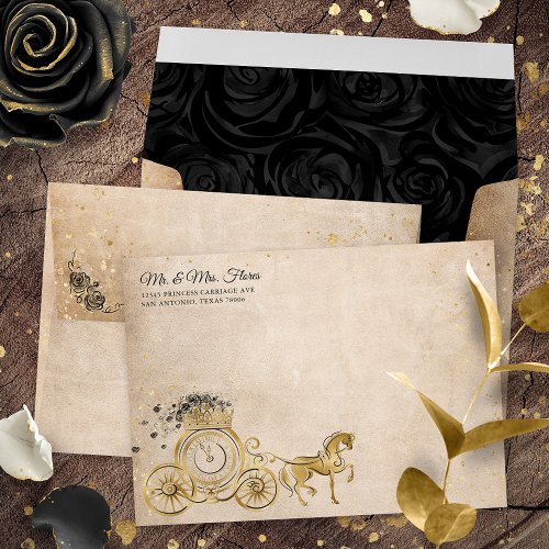 Gold Black Rose Princess Carriage Return Address Envelope