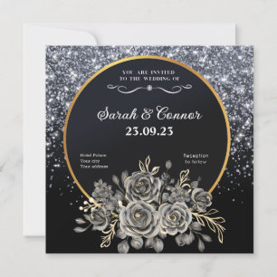 Gold Black Rose Silver Glitter Wedding Invitation