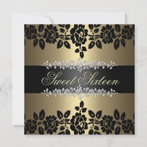 Gold &amp; Black Rose Sweet 16 Birthday Invitation