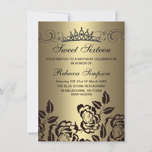 Gold &amp; Black Rose &amp; Tiara Birthday Invitation
