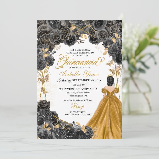 Gold Black Roses Butterfly Glitter Quinceañera Invitation (Standing Front)