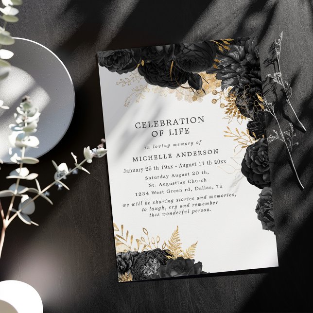 Gold Black Roses Celebration of Life Invitation (Creator Uploaded)