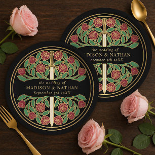 Gold Black Royal Medieval Floral Sword Wedding Paper Plates