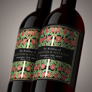 Gold Black Royal Medieval Floral Sword Wedding Wine Label
