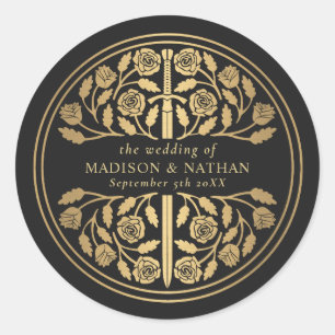 Gold Black Royal Medieval Sword Wedding Classic Round Sticker