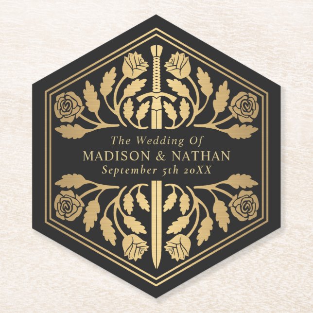 Gold Black Royal Medieval Sword Wedding Paper Coaster (Front)