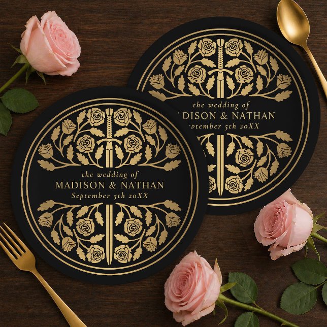Gold Black Royal Medieval Sword Wedding  Paper Plates (Creator Uploaded)