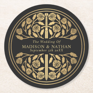 Gold Black Royal Medieval Sword Wedding Round Paper Coaster