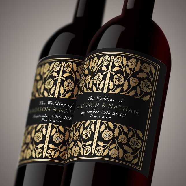 Gold Black Royal Medieval Sword Wedding Wine Label (Creator Uploaded)