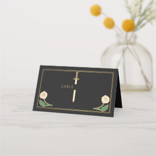 Gold Black Royal White Floral Sword Wedding  Place Card