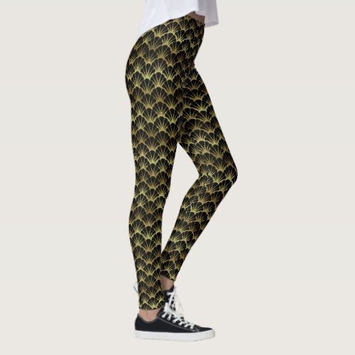 Gold Black Scallop Shell Art Deco Retro Pattern Leggings