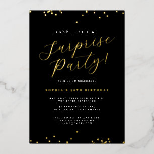 Gold Black Script Confetti Surprise Party Foil Invitation