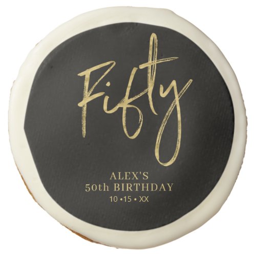 Gold  Black Script Fifty 50th Birthday Favor Sugar Cookie