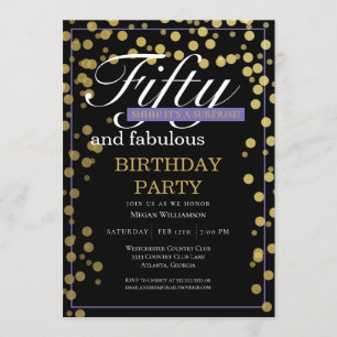 Gold Black Script Fifty and Fabulous Birthday Invitation