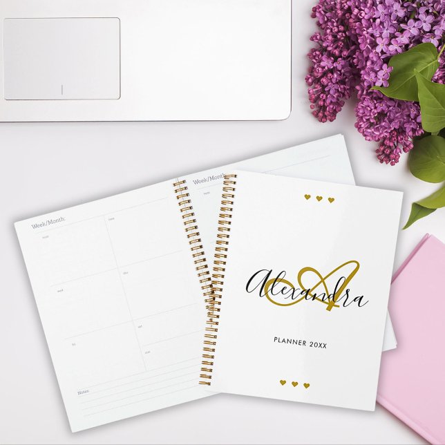 Gold Black Script Initial Monogram Agenda (Elegant Gold Black Script Initial Name Monogram Planner)