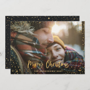 Gold black script merry Christmas stars 1 photo Holiday Card