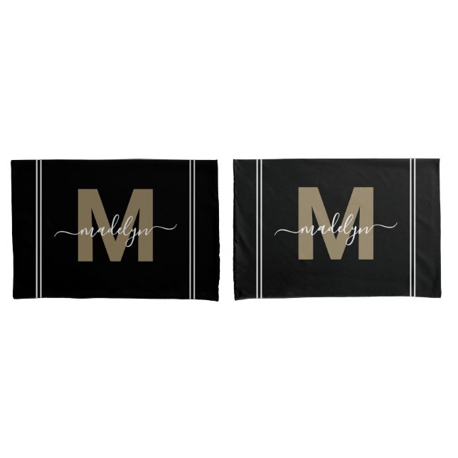 Gold Black Script Name Monogram Pillow Case (Front-Set)