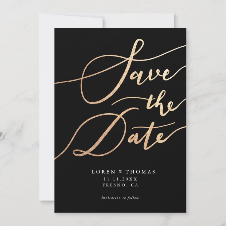 Gold Black Script Typography Save The Date | Zazzle