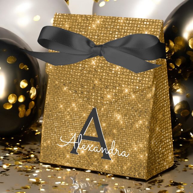 Gold & Black Shimmer Monogram - Add Your Name Favor Boxes (Creator Uploaded)