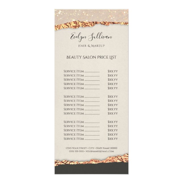 Gold black shimmer paper price list rack card (Front)